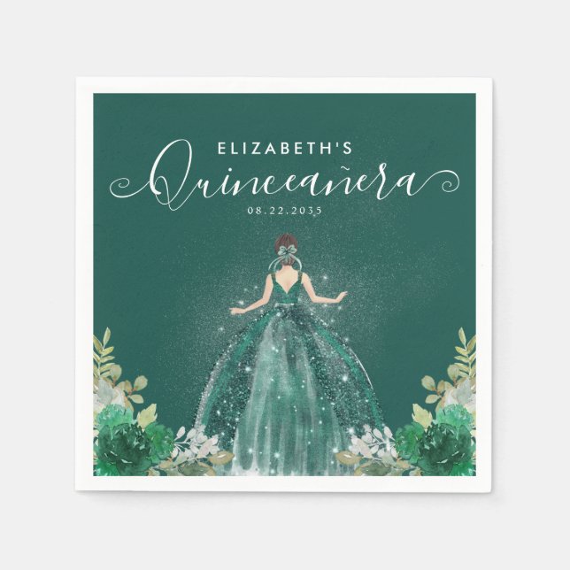Serviette En Papier Floral Emerald Green Princess Robe Quinceanera (Devant)