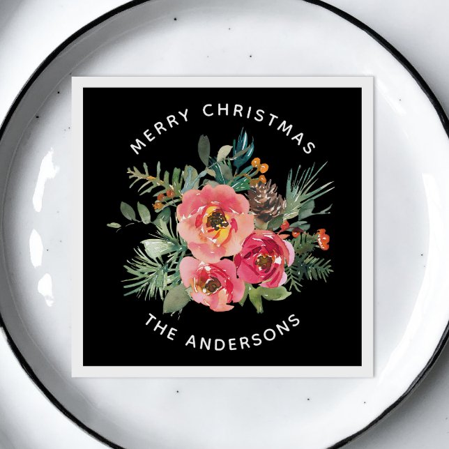 Serviette En Papier Floral et pin de Noël noir. L'hiver festif sombre (Créateur téléchargé)