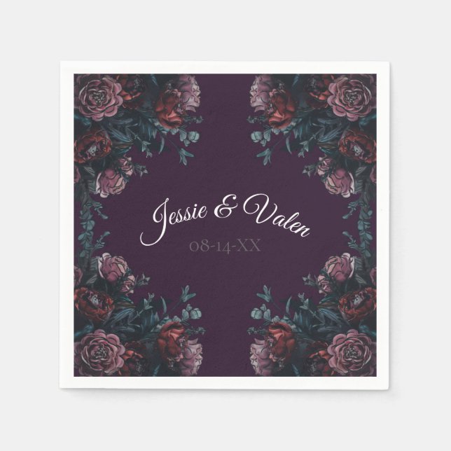 Serviette En Papier Floral foncé violet élégant Mariage Maroon Mauve (Devant)