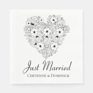 Serviette En Papier Floral Juste Marié Anémone Fleurs de Coeur Noir