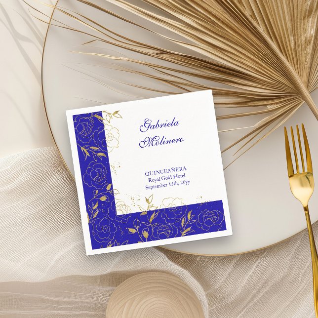 Serviette En Papier Floral Line Art Elegant Royal Blue et Gold Party (Cocktail Napkins from my Elegant Gold Flowers Quinceanera Collection)