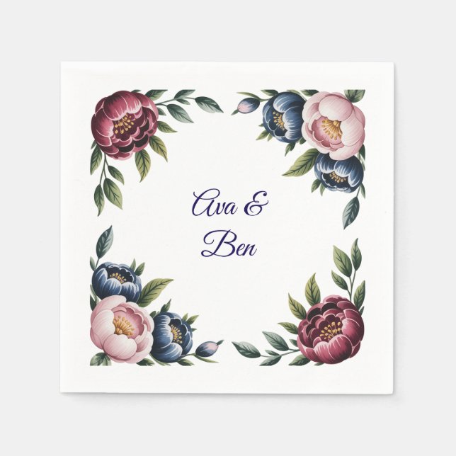 Serviette En Papier Floral Mariage de la marine de Bourgogne et de Blu (Devant)