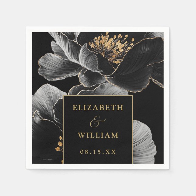Serviette En Papier Floral Noir Et Or Élégant Mariage Moderne (Devant)