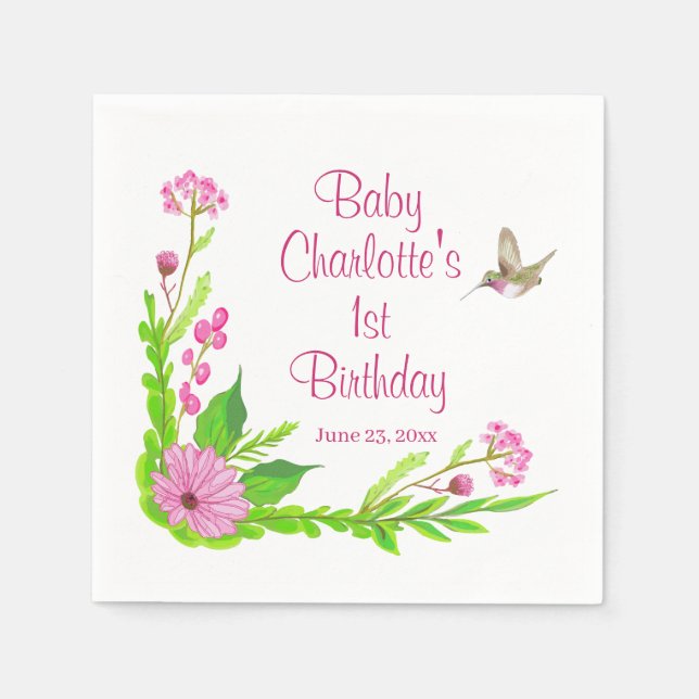 Serviette en papier floral nostalgique rose et ver (Devant)