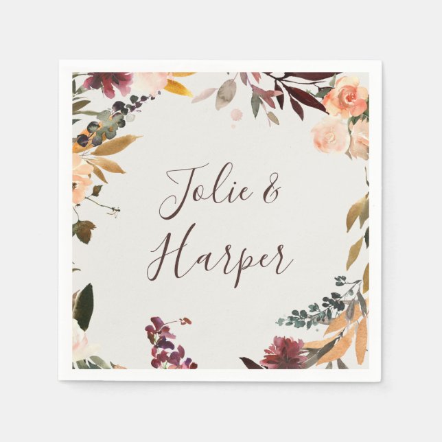 Serviette En Papier Floral Orange Bourgogne | Serviettes Mariages beig (Devant)