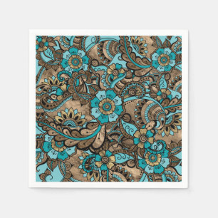 Serviette En Papier Floral Paisley Motif - turquoise et or
