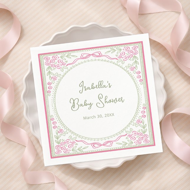Serviette En Papier Floral Pink and Green Baby Shower Paper Napkin (Créateur téléchargé)
