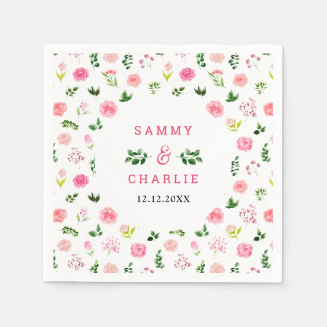 Serviette En Papier Floral Pink Roses with Foliage Wedding (Devant)