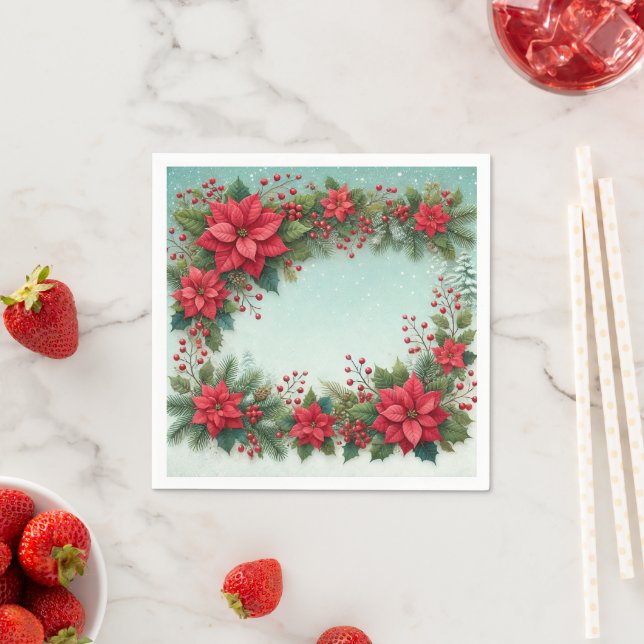 Serviette En Papier Floral Poinsettia Frosty Pine Border Découpage (En situation)