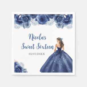 Serviette En Papier Floral Princesse en Sweet sixteen bleu marine