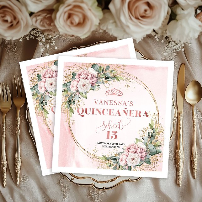 Serviette En Papier Floral Quinceañera Napkins in Dusty Pink and Gold (Floral Quinceañera Napkins in Dusty Pink and Gold)