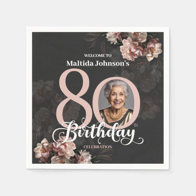 Serviette En Papier Floral rose 80e anniversaire (Devant)