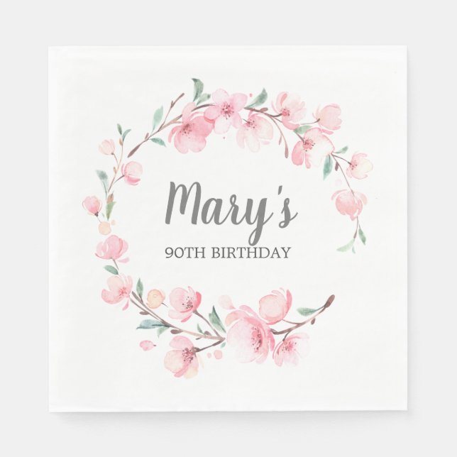 Serviette En Papier Floral rose 90e anniversaire (Devant)