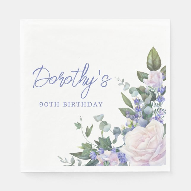 Serviette En Papier Floral Rose Blanc Bleu 90e anniversaire (Devant)