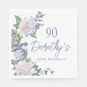 Serviette En Papier Floral Rose Blanc Bleu 90e anniversaire