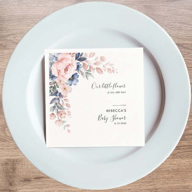 Serviette En Papier Floral rose bleu Fleurs Baby shower d'aquarelle (Blush Pink Floral Baby Shower Paper Napkins)