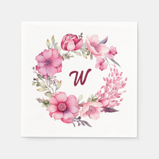 Serviette En Papier Floral rose Monogramme initial (Devant)