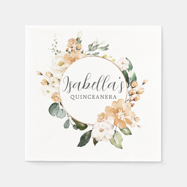 Serviette En Papier Floral Rose Or Blanc Personnalisé Quinceanera (Devant)