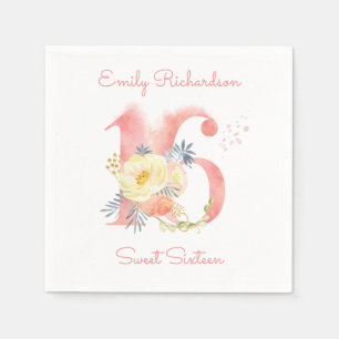 Serviette En Papier Floral rose Sweet sixteen 16 Anniversaire