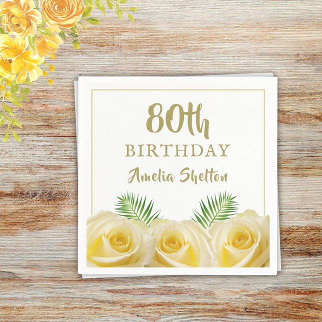 Serviette En Papier Floral Roses Jaunes 80e fête d'anniversaire (Créateur téléchargé)