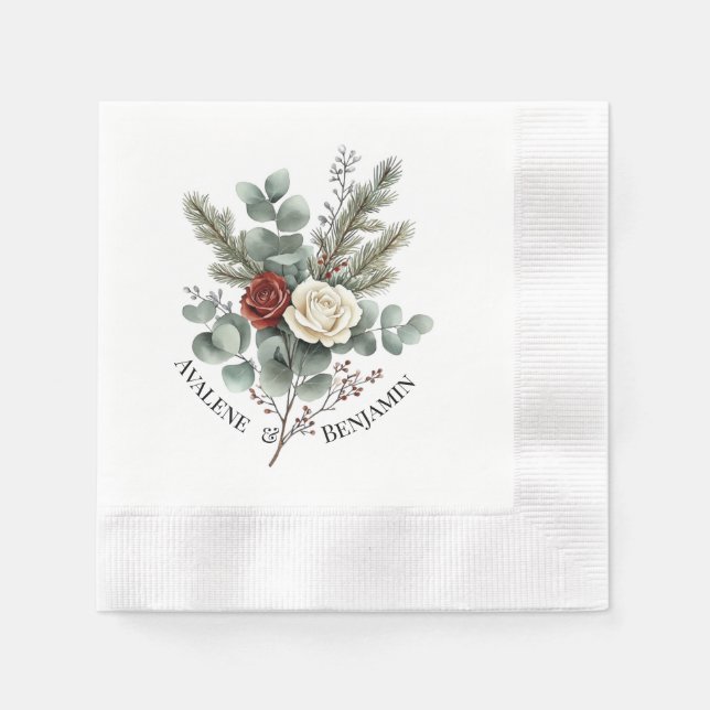Serviette En Papier Floral Rouge Blanc Noël Rose Mariage (Devant)
