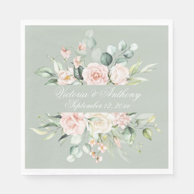 Serviette En Papier Floral Sage Green Élégant Script Nom Mariage (Devant)