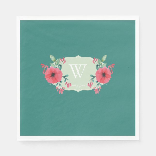Serviette en papier floral sarcelle avec monogramm (Devant)