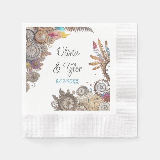 Serviette En Papier Floral Steampunk Mariage Date et noms (Devant)