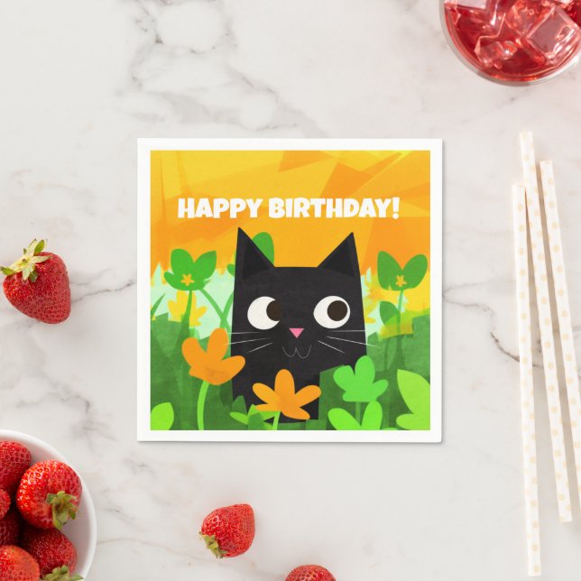 Serviette En Papier Floral Vert Orange Chat Noir Orange (En situation)