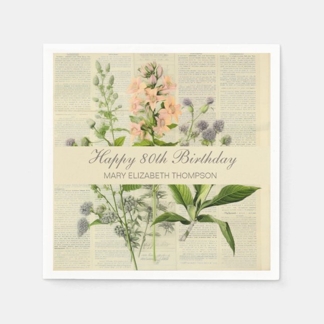 Serviette En Papier Floral vintage 80e anniversaire (Devant)
