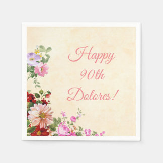 Serviette En Papier Floral vintage Personnalisé 90e anniversaire