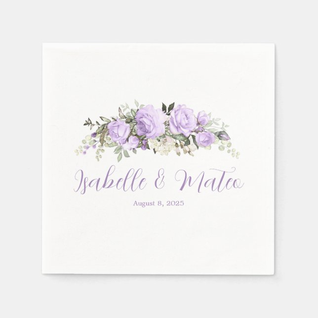 Serviette En Papier Floral violet et blanc Mariage personnalisé (Devant)