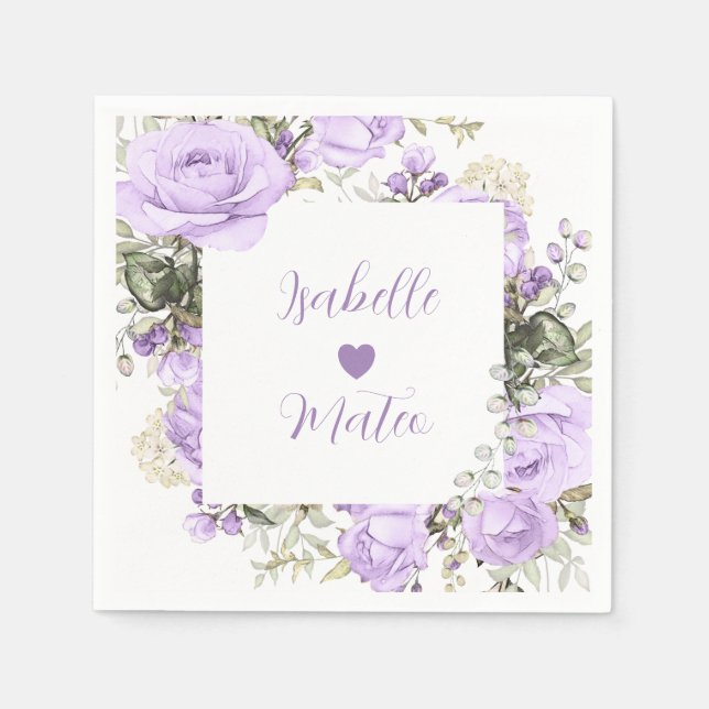 Serviette En Papier Floral violet et blanc Mariage personnalisé (Devant)