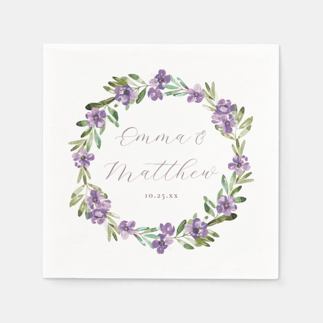 Serviette En Papier Floral violet Mariage de couronne végétale Monogra (Devant)