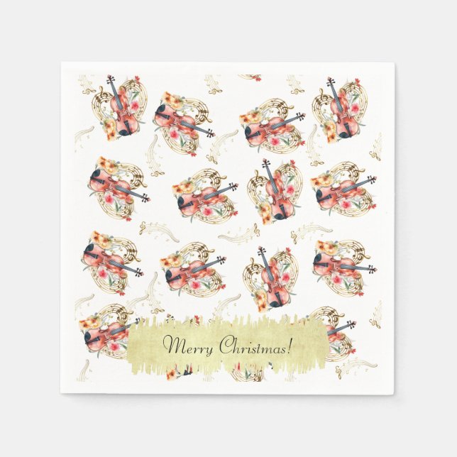 Serviette En Papier Floral Violins Gold Music Notes Noël (Devant)
