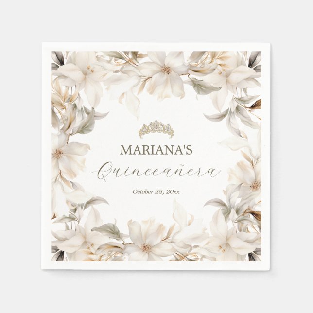 Serviette En Papier Florales d'hiver en argent blanc Quinceañera (Devant)