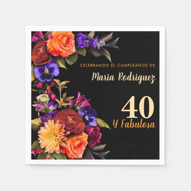 Serviette En Papier Florales lumineuses espagnole Black 40e anniversai (Devant)