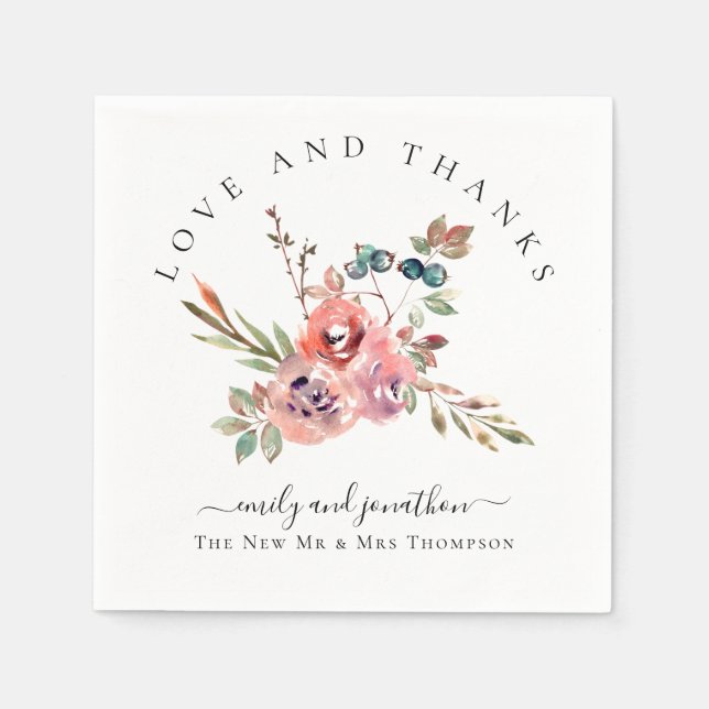 Serviette En Papier Floraux d'aquarelle moderne Merci noms Mariage (Devant)