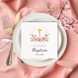Serviette En Papier Floraux roses et croix d'or fille de baptême flora