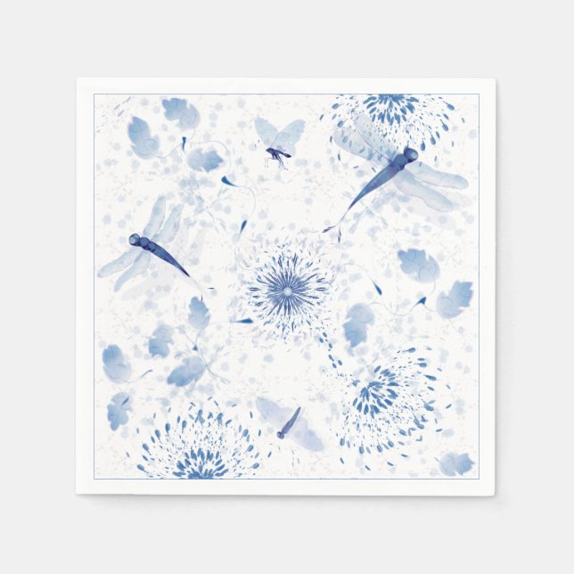 Serviette En Papier Flore de libellule de la Chinoiserie bleue (Devant)