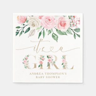 Serviette En Papier Flore d'or rose vif C'est un Baby shower de fille