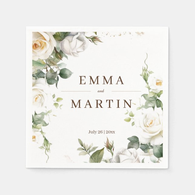 Serviette En Papier Flore élégante Mariage de Roses blanches (Devant)