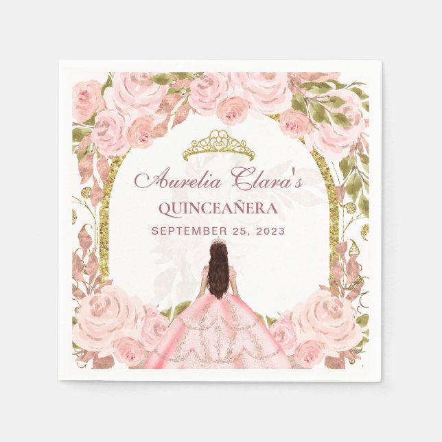 Serviette En Papier Flore rose pâle Princess Gold Arch Quinceanera (Devant)