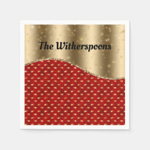 Serviette En Papier Flore rouge de Noël avec ruban or et nom