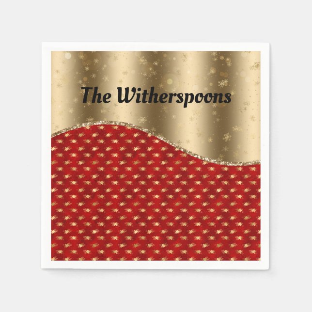 Serviette En Papier Flore rouge de Noël avec ruban or et nom (Devant)