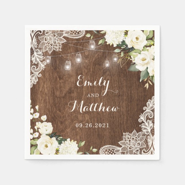 Serviette En Papier Flore Rustique dentelle de bois éclaire les jarres (Devant)