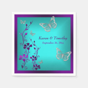 Serviette En Papier Flore Turquoise d'argent violet, Papillons, servie