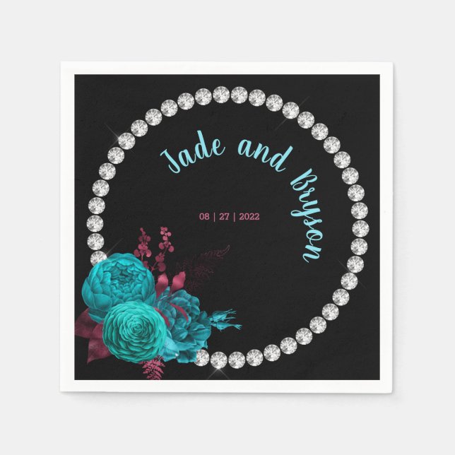 Serviette En Papier Flore Turquoise et Mauve Elegant Rhinestone (Devant)