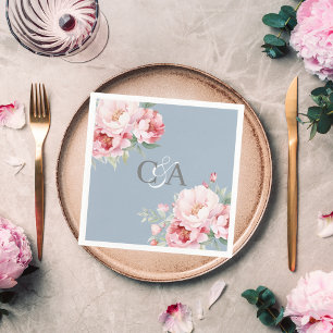 Serviette En Papier Flores de roses rose bleu foncé monogramme mariage