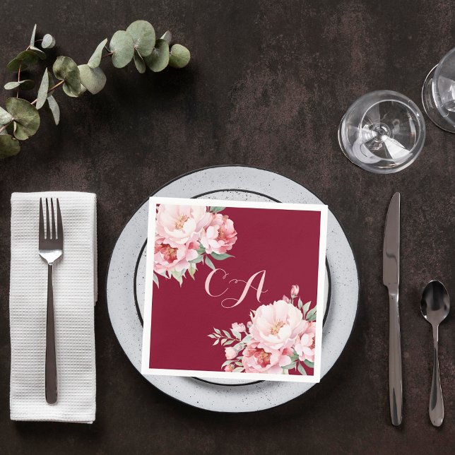 Serviette En Papier Flores de roses roses de Bourgogne monogramme anni (Créateur téléchargé)
